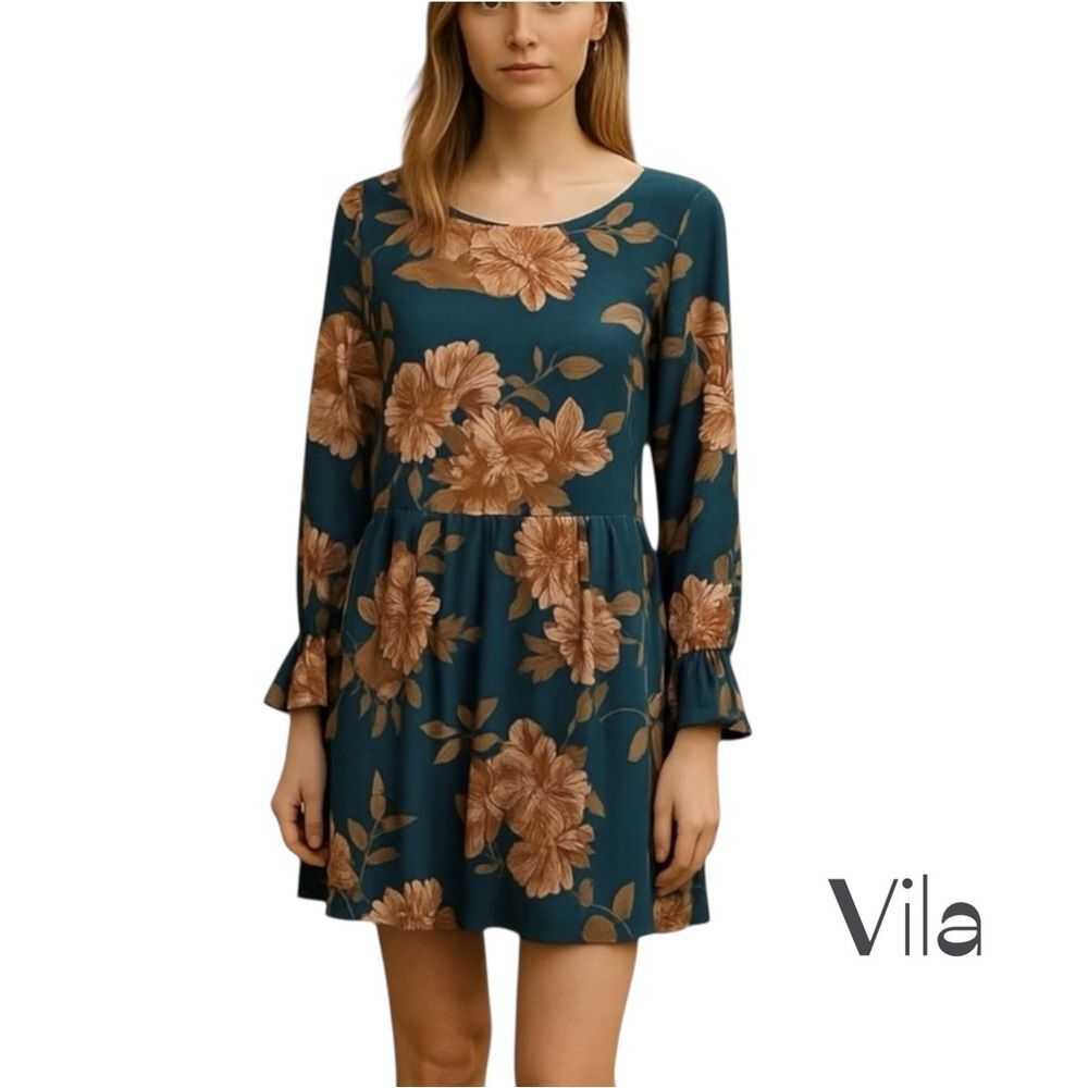 VILA Blue Floral Ruffled Long Sleeve Dress NWOT Size S CottageCore